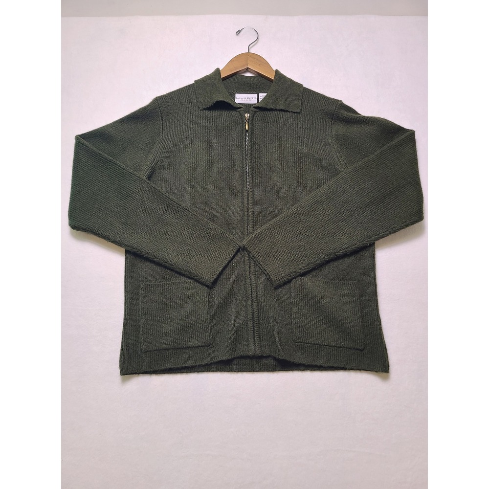Jaclyn Smith M Cardigan Gorpcore Dark Green Rib Full Zip Pocket Sweater Preppy